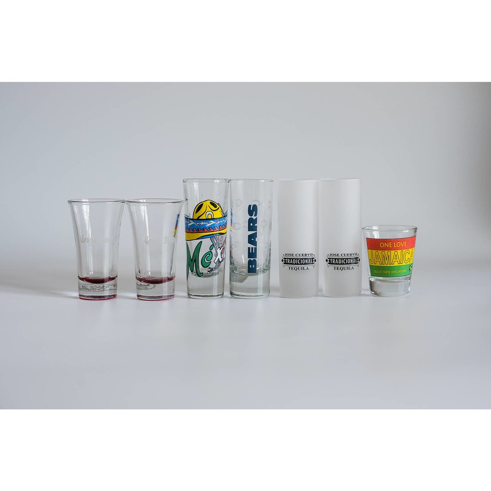 Preowned Shot Glass Variety - Mexico, Jamaica, Bears, Jose Cuervo, Grand Marnier
